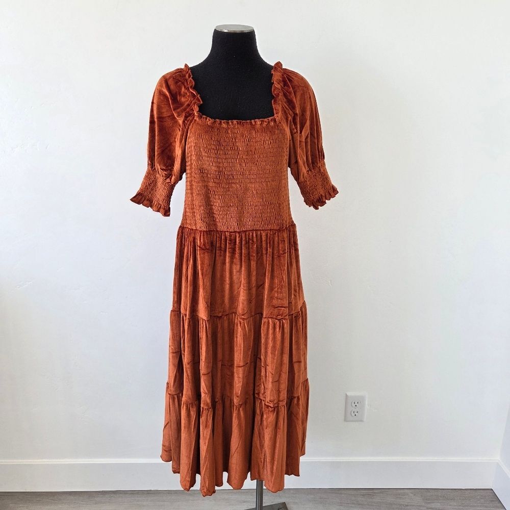 Burnt Orange Copper Velvet Maxi Dress Tiered Smocked Holiday Party Christmas M - Picture 2 of 12